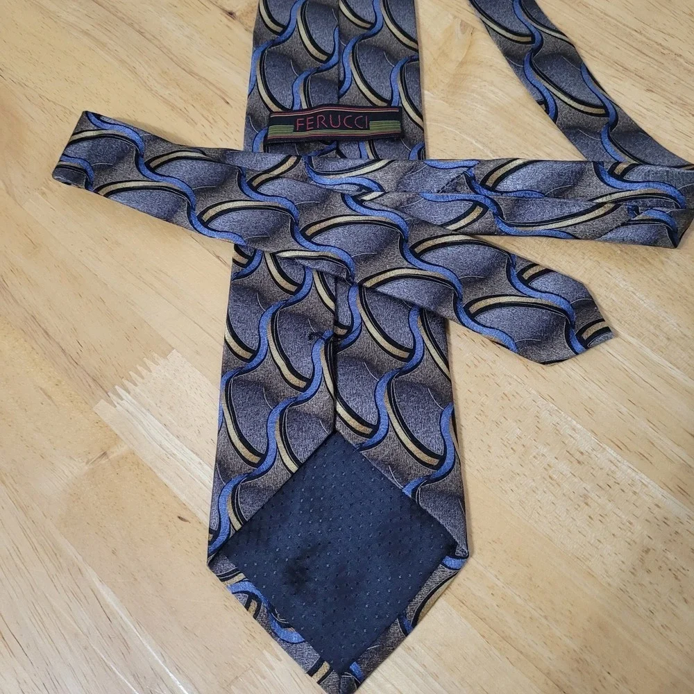 FERUCCI Mens‎ Silk Tie Blue Gray Gold Abstract Pattern